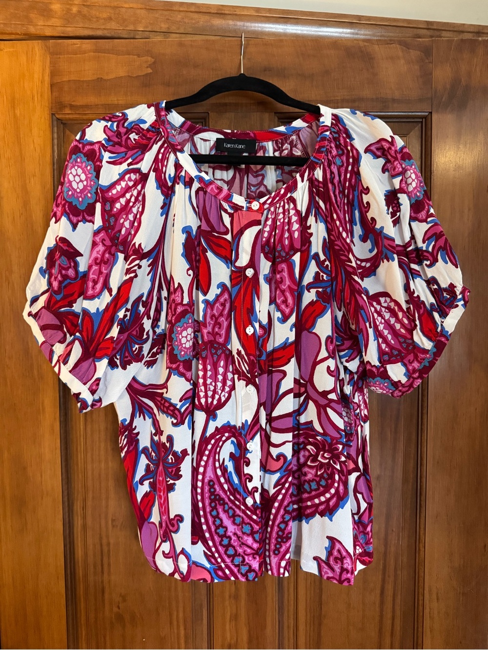 Karen Kane Sz XL Pink Red Floral Paisley Button-Front Blouse